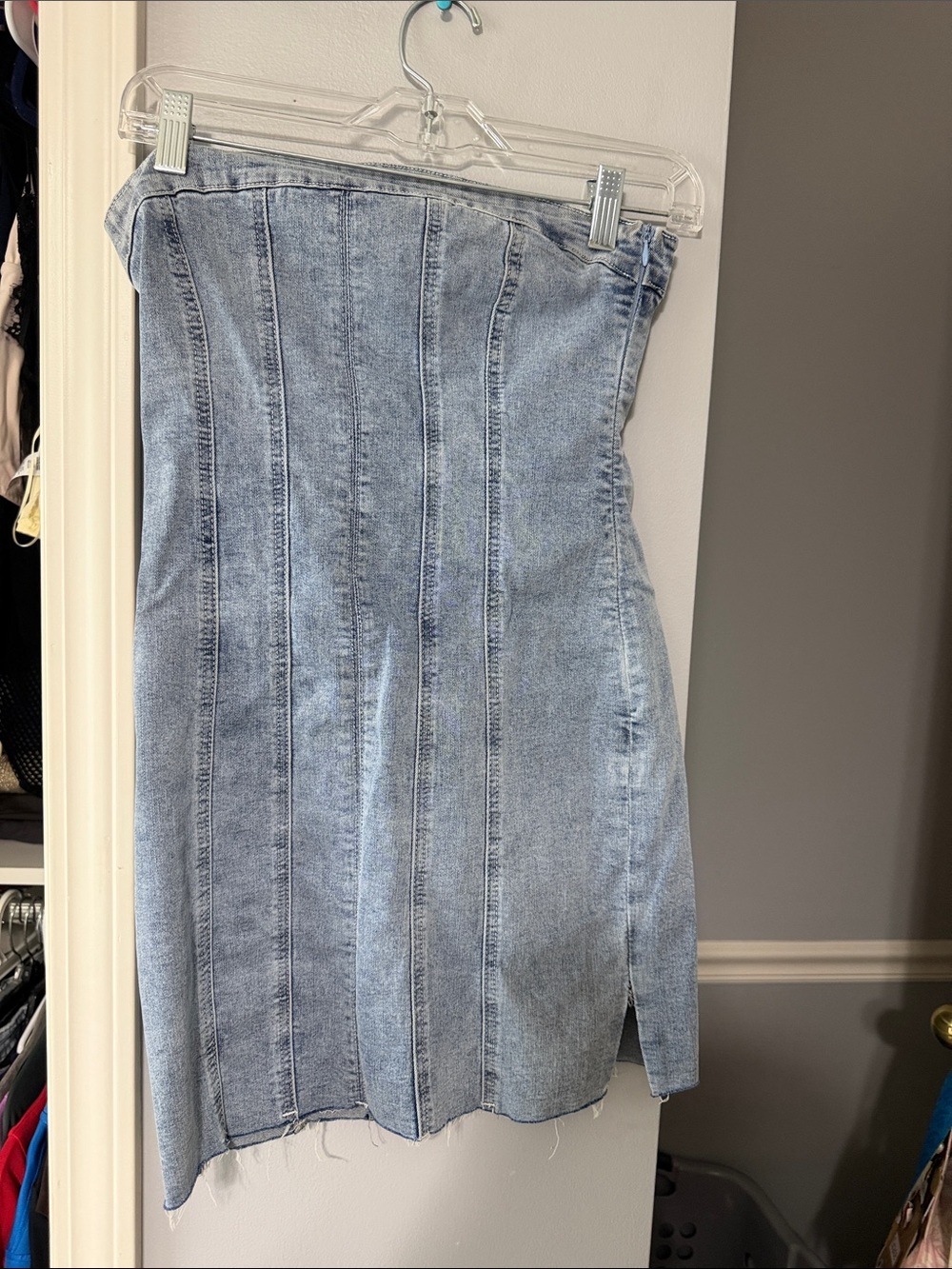 Light Wash Denim Strapless Midi Dress